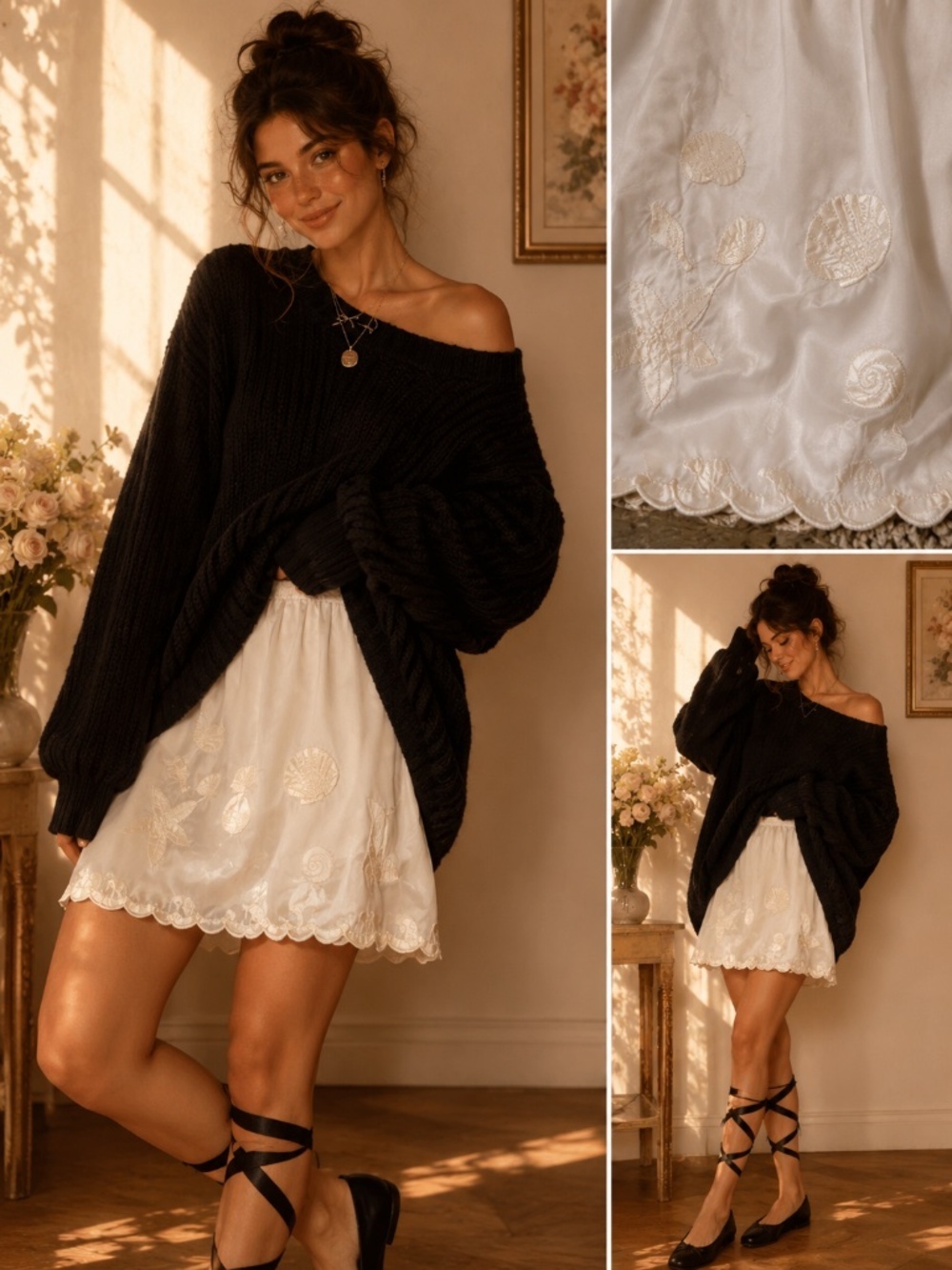 NWT Odette Barsa Vintage Seashell Embroidered Half Slip White Coquette Large